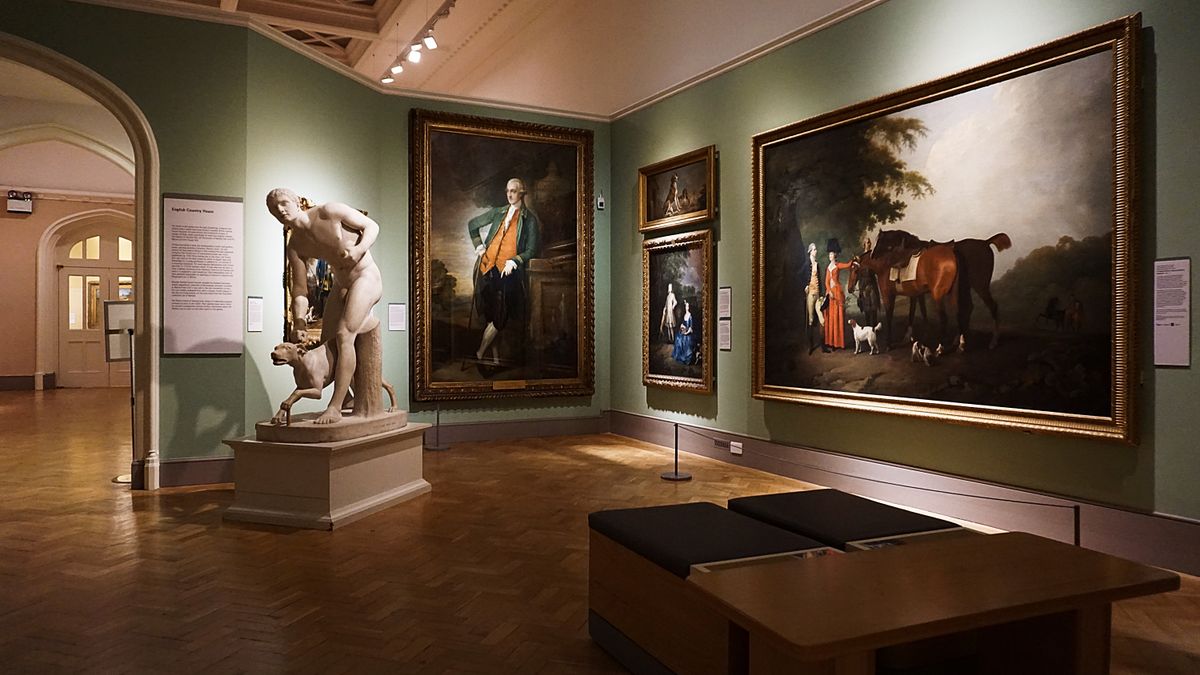 Paintings and sculpture in a museum gallery